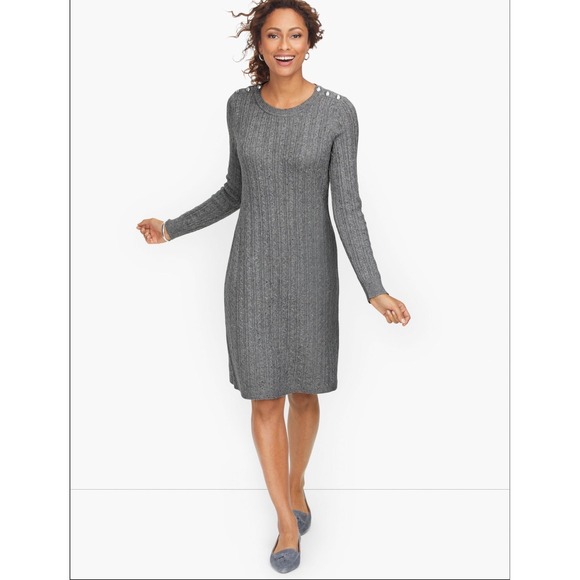 Talbots Cable Knit Button Shoulder Sweater Dress XL Gray Long Sleeve Midi
